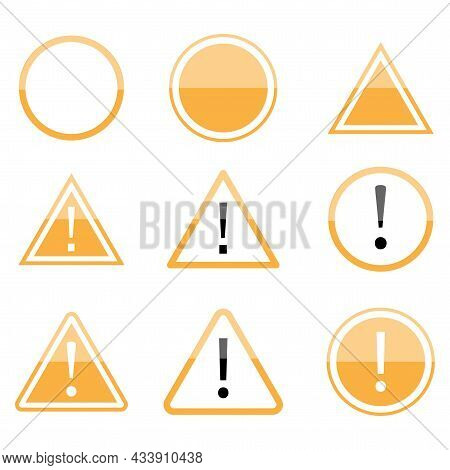 Yellow Warning Signs Blank. Golden Danger Icon Set. Triangle And Circle Road Mark. Vector Illustrati