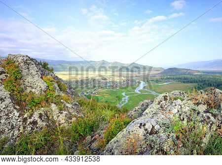 Rocks Covered With Moss In The Altai Mountains Under The Blue Morning Sky. Siberia, Russia