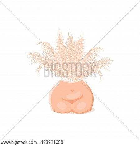 Bouquet Dry Pampas Grass. Interior Vase Body On White Isolated Background. Vector Illustration.