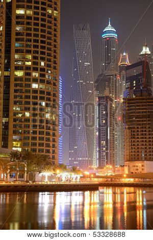 Dubai, Uae - September 11: The Cayan Tower In Night Illumination At Dubai Marina On September 11, 20
