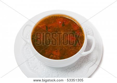 Traditional Georgian Kharcho soup with meat and rice