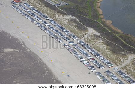 Typical Dutch Beachhouses At Beach From Above, The Netherlands