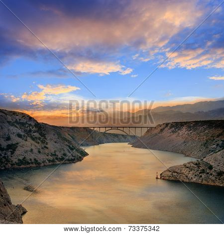 Maslenica Strait And Beautiful Sunset, North Of Zadar, Croatia