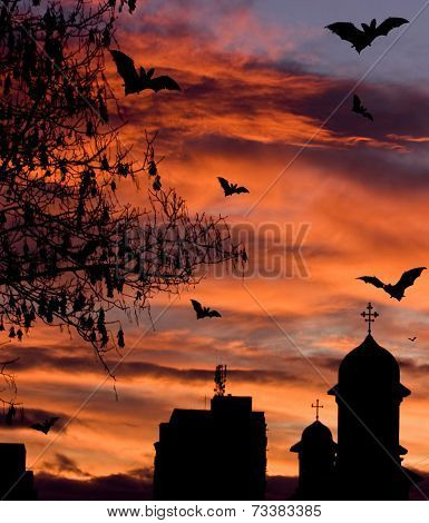 Halloween background - Old church from Transylvania and baths