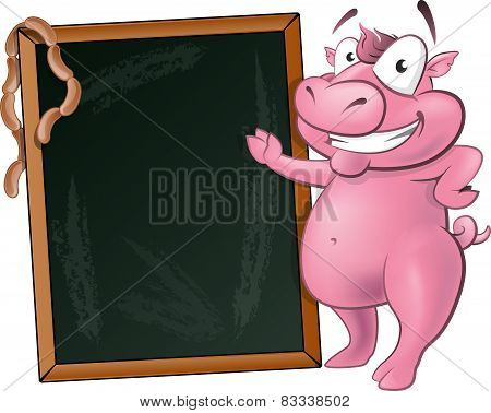 Cute Waving Pig Character With Chalk Board.