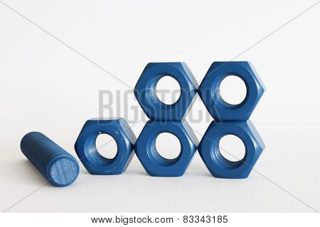 bolt and nut in blue coated and red coated isolated on white background