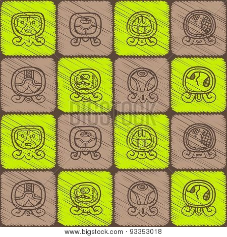 Seamless background with Maya calendar named days and associated glyphs