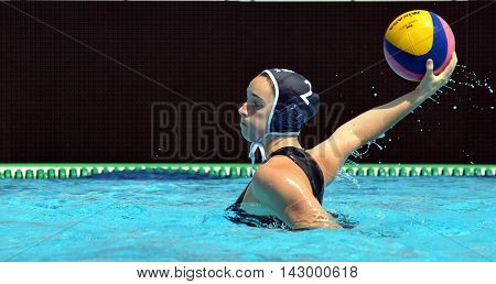 Budapest, Hungary - Jul 16, 2014. France's MILLOT Estelle (FRA, 2) throwing the ball. The Waterpolo European Championship was held in Alfred Hajos Swimming Centre in 2014.