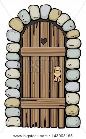 Old wooden door, drawn, with stone frame around, isolated on white, vector illustration