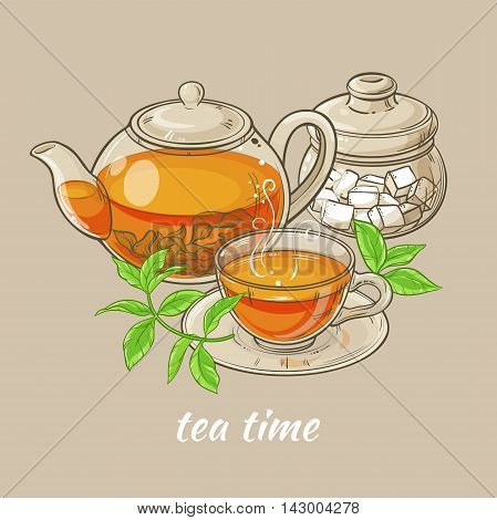 Illustration with cup of tea teapot sugar bowl and tea leaves on brown background