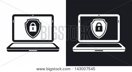 Vector Laptop Icon With A Protective Shield Symbol On A Screen. Two-tone Version Of Locked Laptop Si