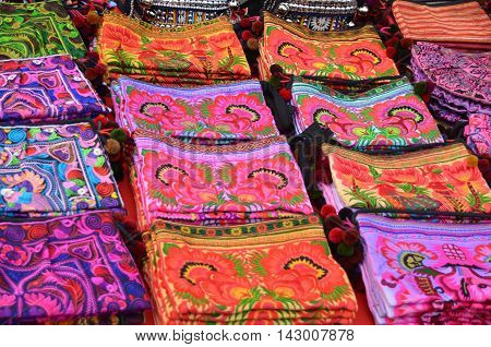 Colorful hill tribe bags in northern of Thailand