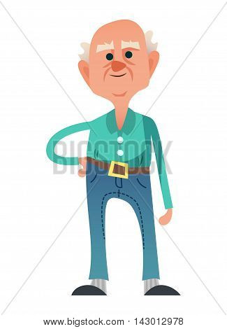 Cute old man in jeans and turquoise shirt. Cool senior citizen standing with hand side in. Isolated on white background.