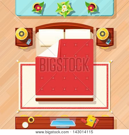 Bedroom top view design with bed TV lamps and flowers flat vector illustration