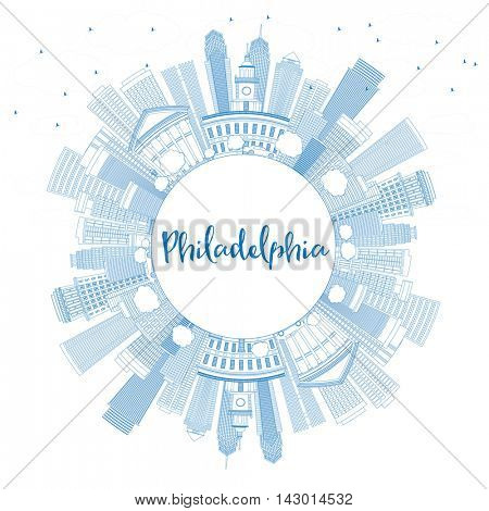 Outline Philadelphia Skyline with Blue Buildings and Copy Space. Vector Illustration. Business Travel and Tourism Concept with Philadelphia City Buildings. Image for Presentation Banner Placard