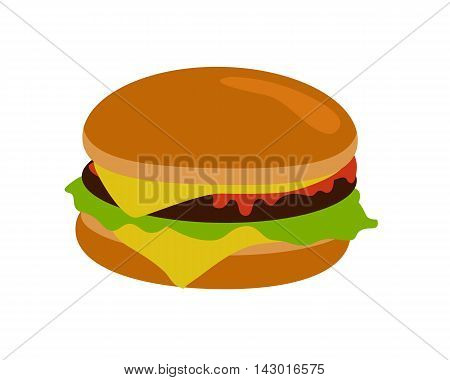 Gamburger banner. Hamburger with meat lettuce cheese onion and tomato. Junk food. Consumption of high calories nourishment fast food. Part of series of promotion healthy diet and good fit. Vector