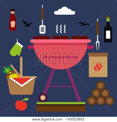 Set of bbq objects. Vector and flat illustration.