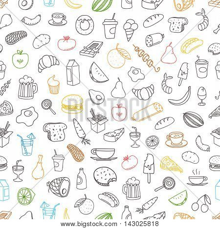 Different color food doodles seamless background. Lineart hand-drawn elements 
