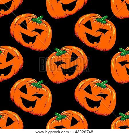 Halloween jack-o-lantern orange pumpkin vegetable seamless pattern vector