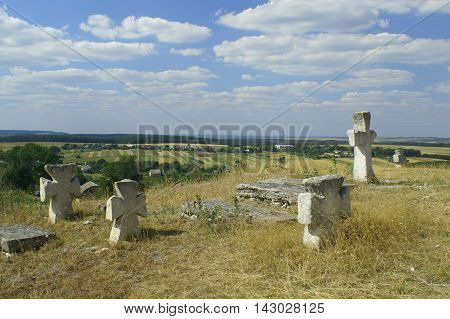 Tombs and crosses the medieval Cossack cemetery on the hill near Devil's rock