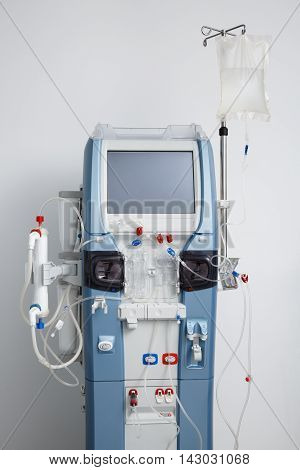 Hemodialysis machine with tubing and installations. Health care blood purification kidney failure transplantation medical equipment concept.