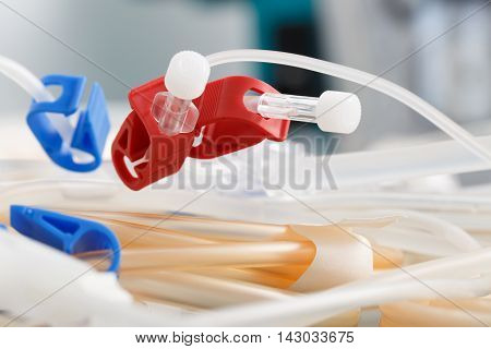 Bloodline tubes of hemodialysis machine. Health care blood purification kidney failure transplantation medical equipment concept and background.