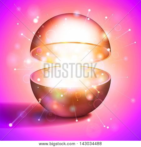 Vector volume hollow sphere, open magic ball, light inside, pink abstract object for you project design