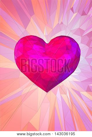 A big pink heart symbol in low poly style on fantastic graphic background