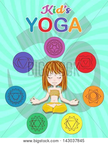 Little girl sitting in a yoga position , Chakra pictograms on choku rei symbol
, vector illustration