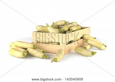 Squash in a wooden box. Isolated on white. 3D rendering