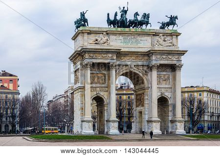 MILAN, ITALY - JANUARY 29, 2016: Simplon Gate the oldest town gate of Milan Italy