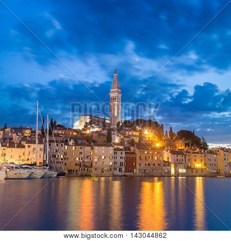 Coastal town of Rovinj Istria Croatia in sunset. Romantic Rovinj is a town in Croatia situated on the north Adriatic Sea Located on the western coast of the Istrian peninsula.