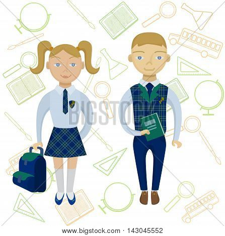 Kids going to school. Pupils in uniform. Vector illustration