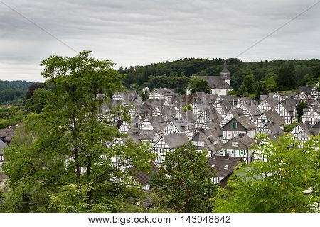 Cityscape of Freudenberg with half-timbered houses Germany