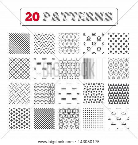Ornament patterns, diagonal stripes and stars. E-Cigarette with plug icons. Electronic smoking symbols. Speech bubble sign. Geometric textures. Vector