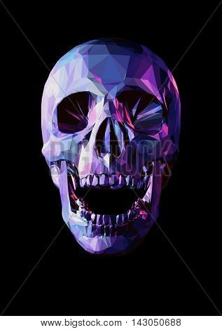 Laugh purple skull in low poly graphic style on dark background