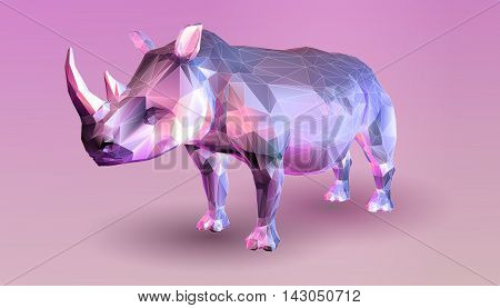 Purple rhinoceros in low poly graphic style on pink background