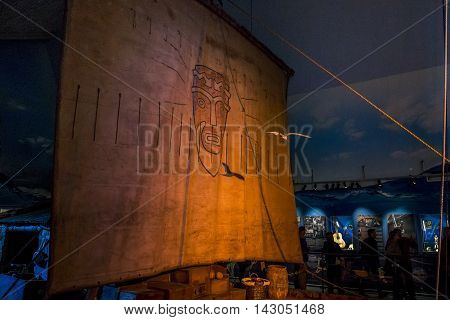 OSLO, NORWAY - JULY 1, 2016: It's copy of the raft Ton-Tiki on which Thor Heyerdahl made a transpacific crossing.