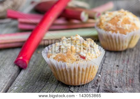 Detail On A Rhubarb Muffin With Rhubarb Petioles In The Background