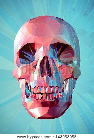 Colorful pink skull in low poly style on graphic turquoise background