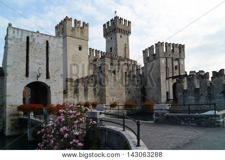 The medieval Scaliger Castle in Sirmione a small town on the shores of Lake Garda Italy.