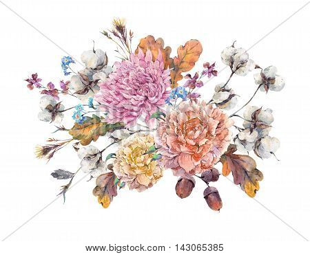 Vintage watercolor autumn bouquet of twigs, cotton flower, yellow oak leaves, chrysanthemum, peonies and acorns. Botanical floral illustrations. Greeting card Isolated on white background