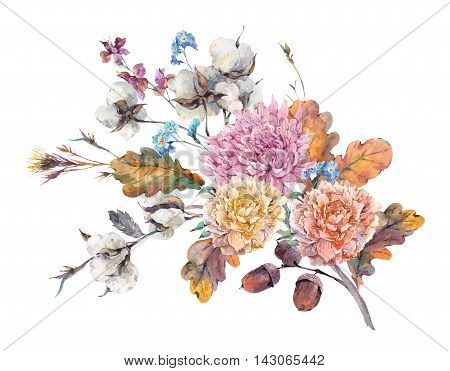 Vintage watercolor autumn bouquet of twigs, cotton flower, yellow oak leaves, chrysanthemum, peonies and acorns. Botanical floral illustrations. Greeting card Isolated on white background