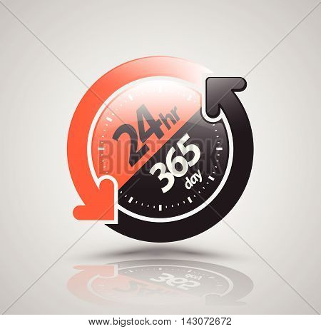 24hr 365 day with two circle arrow icon. vector illustration.