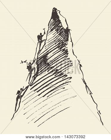 Sketch of a people climbing on a mountain peak, vector illustration