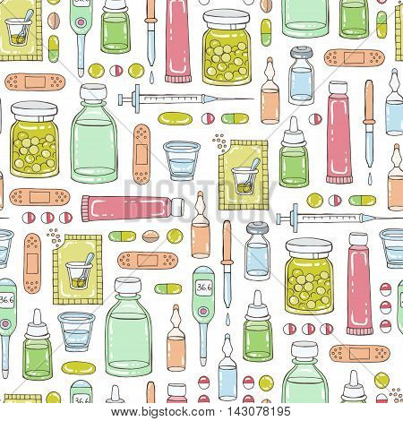 Vector seamless hand drawn pattern on the theme of pharmacy medicine health. Background for use in design, packing, textile, fabrics