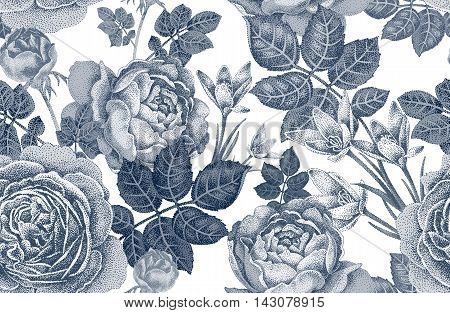 Vintage vector seamless pattern. Black and white illustration with roses and spring flowers. Floral design.