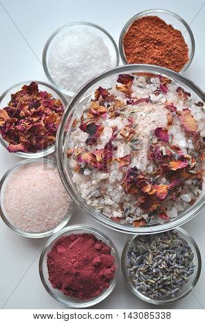 Luxurious SPA bath salts and ingredients in glass bowls
