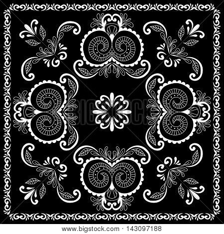 Black And White Abstract Bandana Print With  Element Henna Style. Square Pattern Design For Pillow,