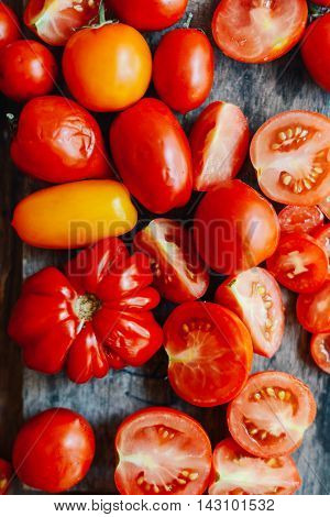 Tomato On Wooden Table. Freshly Picked Red Tomatoes. Variation O